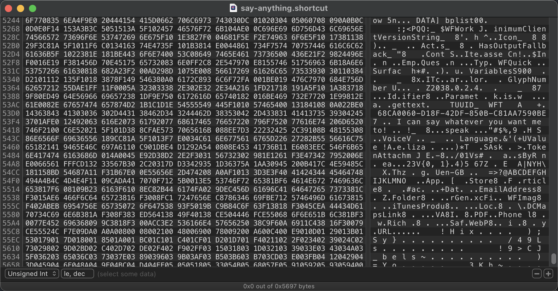 A screenshot of our shortcut in the Hex Fiend hex editor, now at the end of the file. The string we initially input in our Shortcut can be seen.