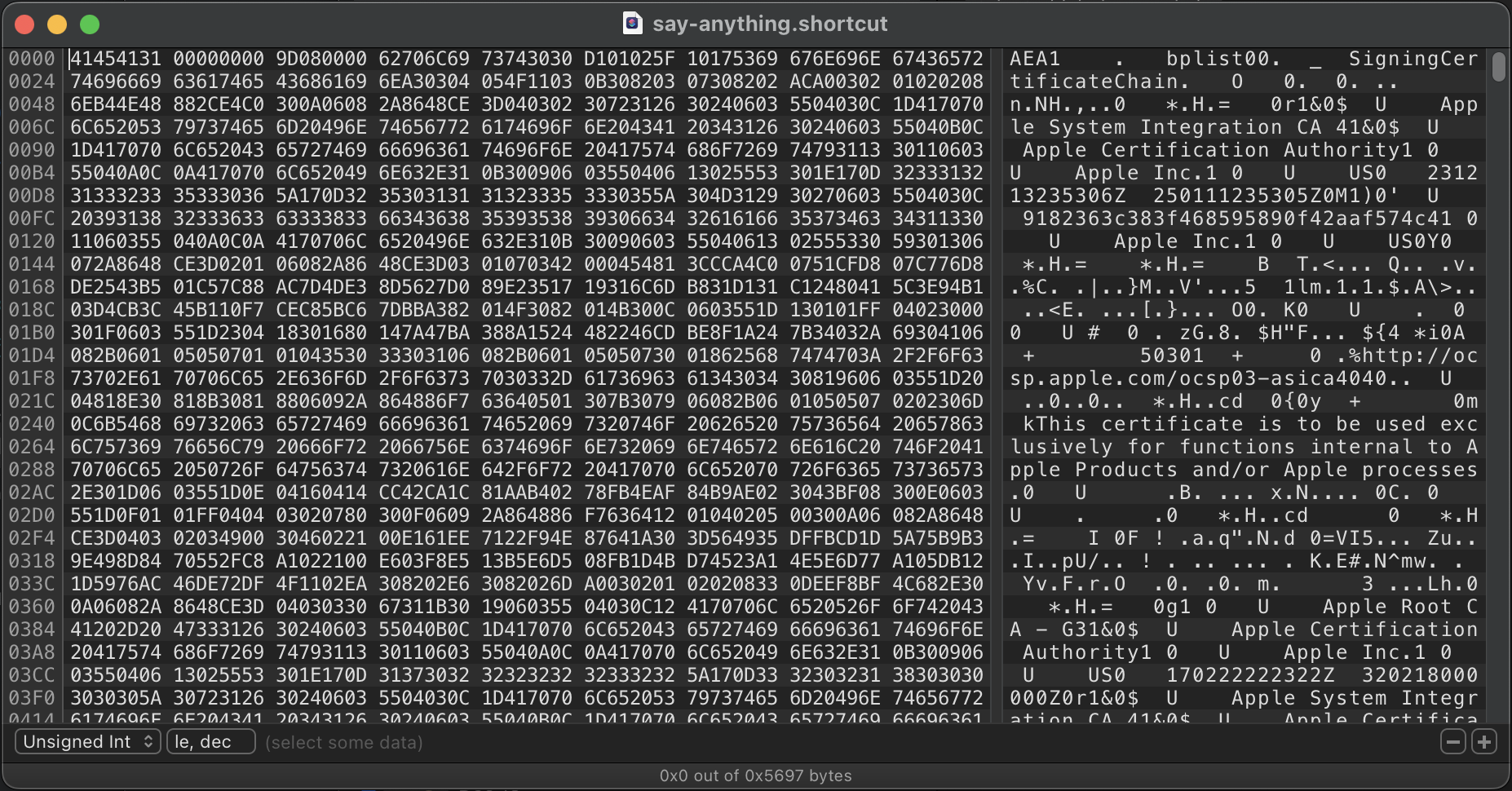 A screenshot of our shortcut in the Hex Fiend hex editor, at the start of the file. Strings are clearly present that indicate the presence of X.509 certificates.