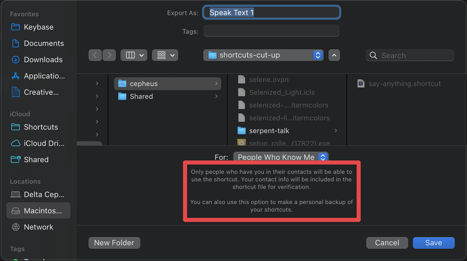 Screenshot of the same export dialogue from Shortcuts as previous. The screen is captioned with the following warning: “Only people who have you in their contacts will be able to use the shortcut. Your contact info will be included in the shortcut file for verification. You can also use this option to make a personal backup of your shortcuts.”