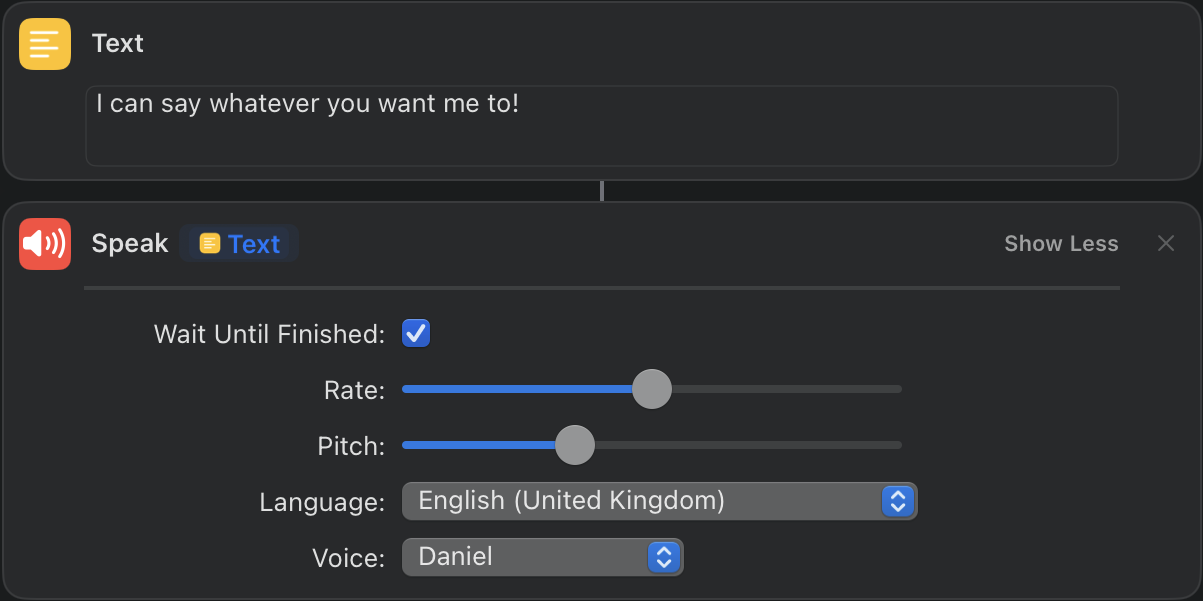 Screenshot of the shortcut action we modified. The voice dropdown says “Daniel”.