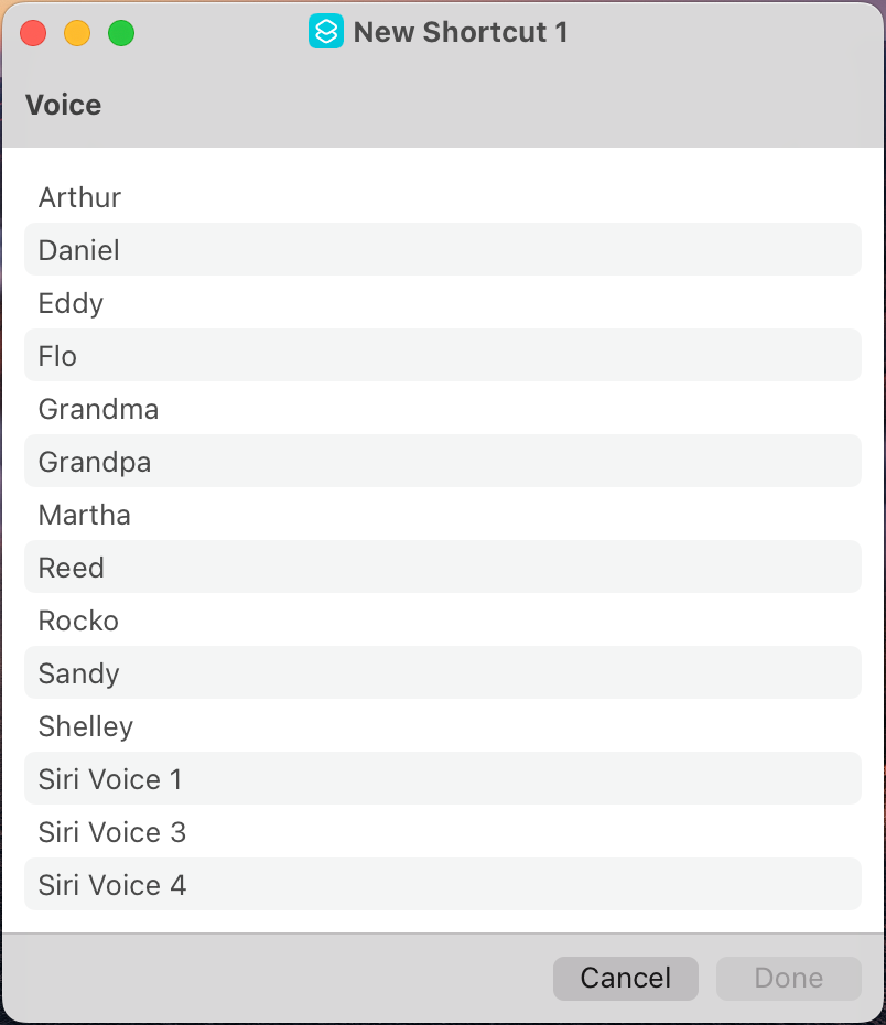 Screenshot of voice selection sheet when using Ask Every Time, including Siri Voices 1, 2 and 4.