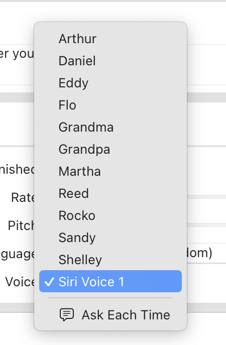 Screenshot of Voice selection dropdown in Shortcuts, only listing Siri Voice 1